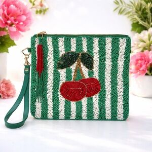 Rachel Zoe Sincerely Jules Green and White Beaded Cherry Clutch Wristlet